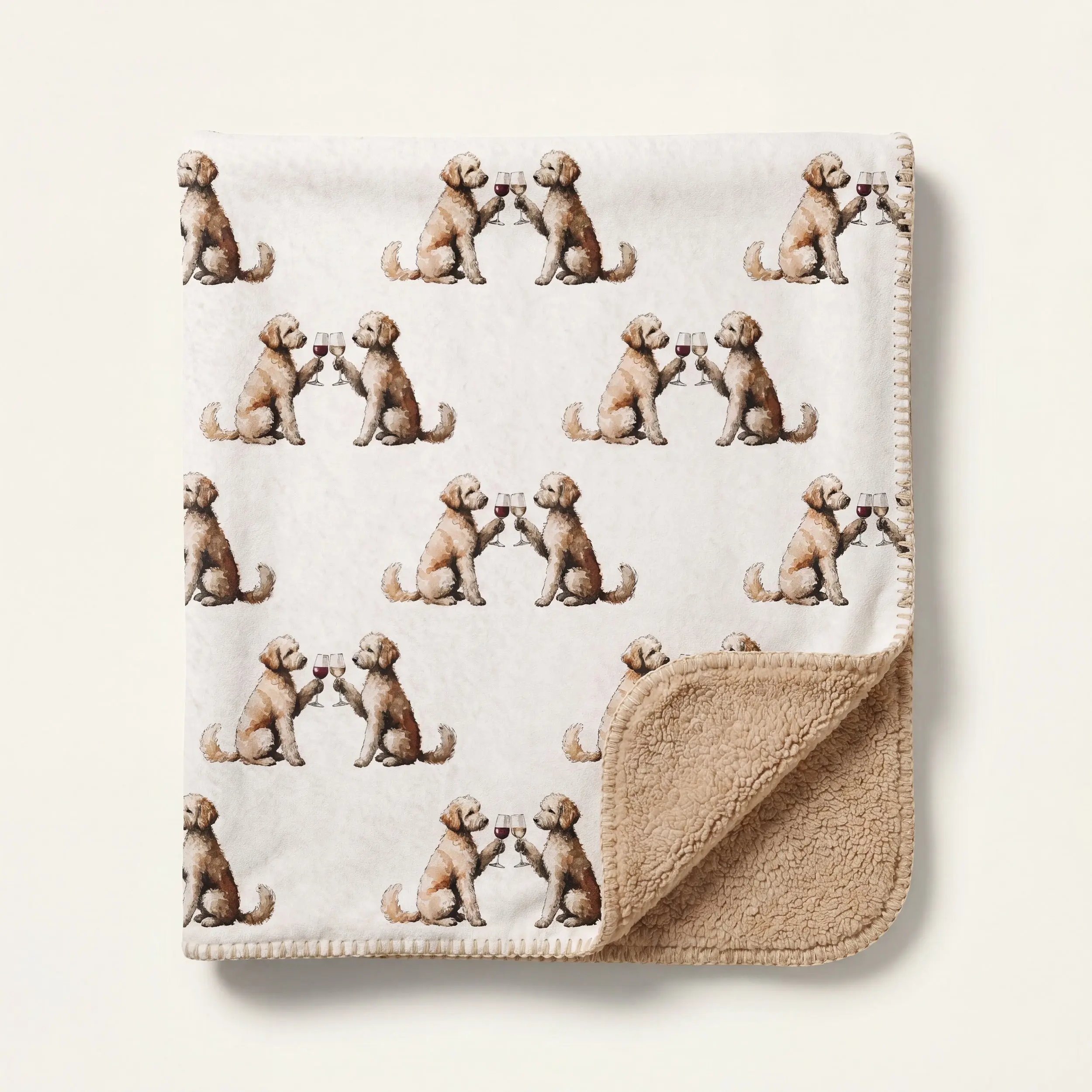Sherpa Blanket - Tan Happy Hour Themed Goldendoodle Print, 60x80 in, Full-Color Front, Plush Sherpa Back, Machine Washable for Home Snuggles & Soft Blanket Vibes