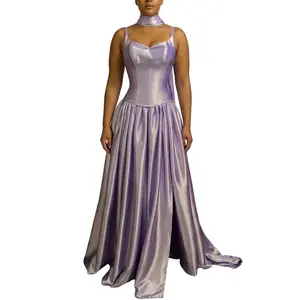 The Faith Set - Shiny Stretch Satin Corset Style Top & Full Length Skirt with Front Slits Summer Fitted Dress