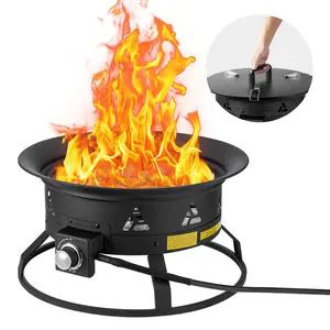 VEVOR Propane Fire Pit, 24-Inch Diameter Outdoor Portable Gas Fire Pit with Cover & Lava Rocks, Adjustable Flame Height Camping Firepit for Heating, Lighting, Gathering, 58,000 BTU, Black