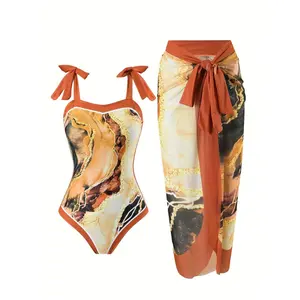 2026 Agate Marble Print One-Piece Swimsuit Set – Earth Tone Halter Neck Bodysuit with Matching Sarong Cover Up – Luxe Designer Beachwear for Cruise & Summer Travel  bathing suit  women swimsuits for 2026