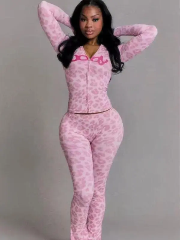 Body Leopard Print 2 Piece Set Women Casual Zip Hooded Crop Jacke+Leggings