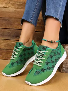 Women's Retro Monogram Print Lace-Up Sneakers - Casual Low-Top Trainers for Daily Commute, Outdoor Walks and Streetwear