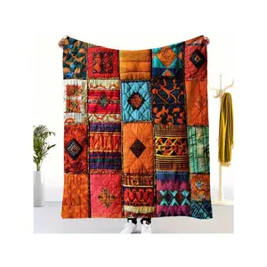 1pc Bohemian Patchwork Quilt - Vibrant Style Flannel Blanket With Geometric & Floral Patterns, All-Season Soft Warmth For Sofa, Bed, Camping, Travel - Home Decor Gift, Intricate Design, Cozy Home Accessory, Decorative Throw Blanket, Plush-30*40in