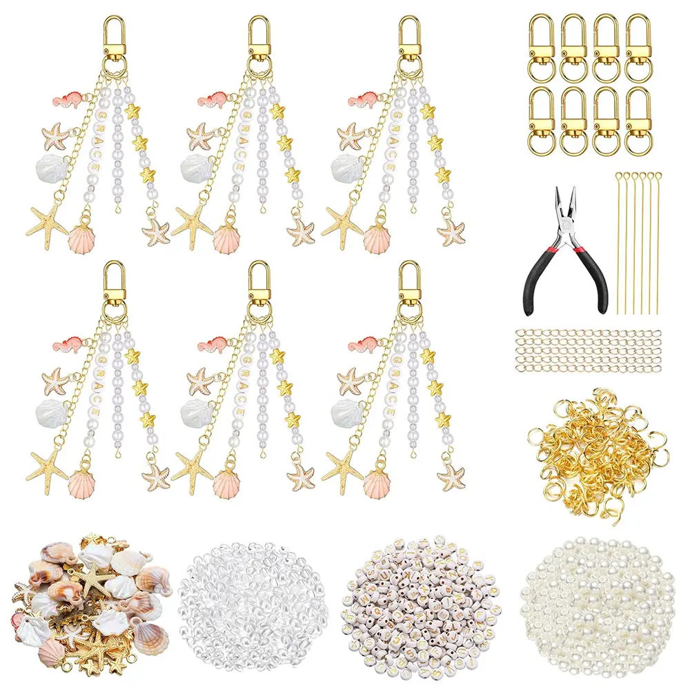  776 Pcs Seashell Keychain Making Kit – Ocean DIY Craft Key Chain Starfish Pearl Seahorse Letter Name Beads with Keychain Clip and Tool Accessories – Perfect for Personalized Name Keychains, Summer Camp Activities, Party Favors, or Small Business Crafts