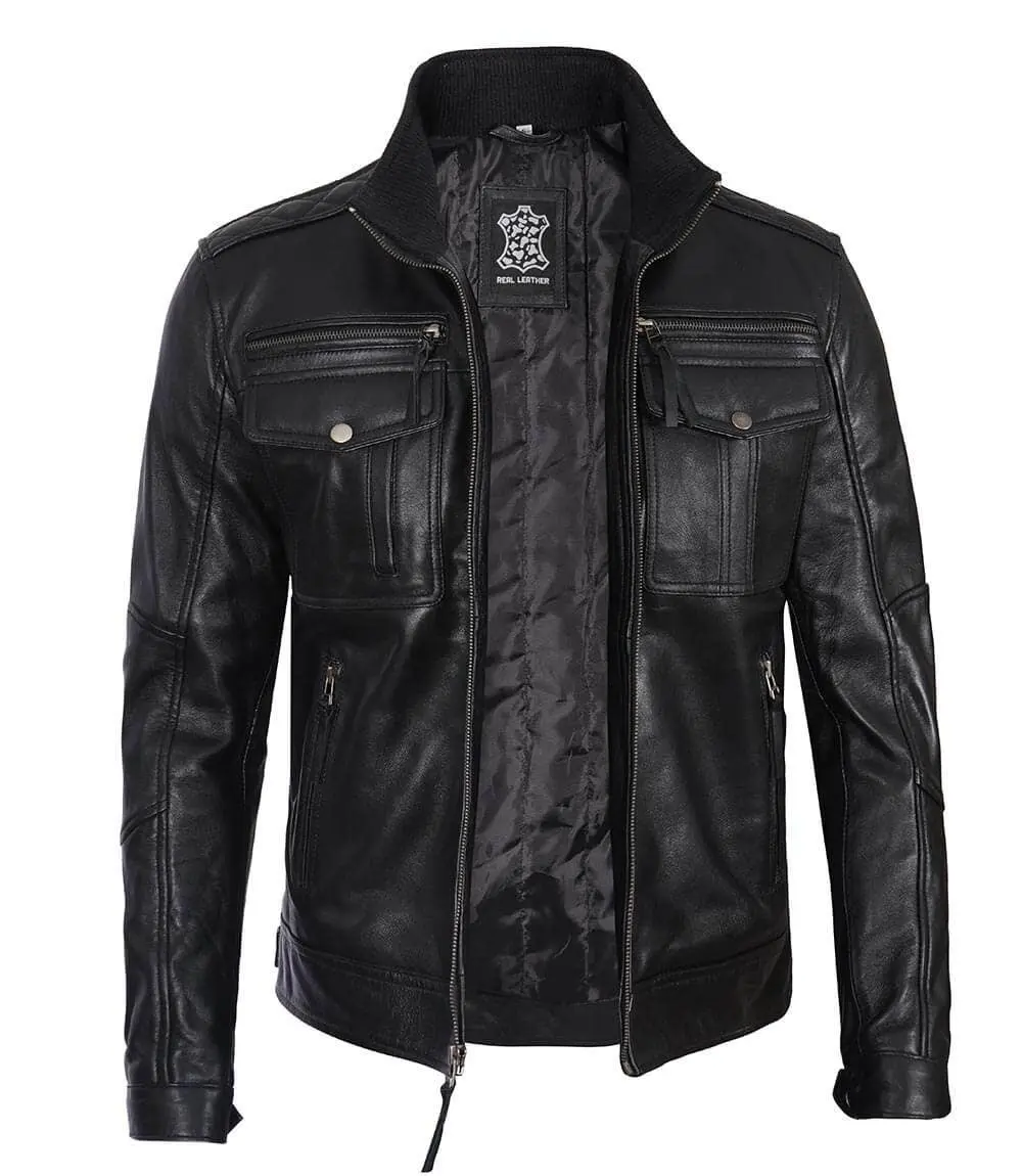 Men's Angel Jackets Black Genuine Leather Motorcycle Jacket - Zip Closure and Multiple Pocketss