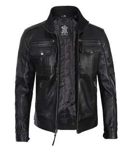 Men's Angel Jackets Black Genuine Leather Motorcycle Jacket - Zip Closure and Multiple Pocketss