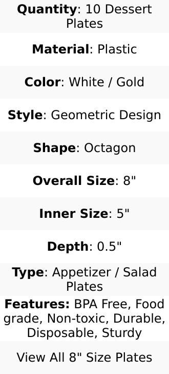 10-Pack Plastic Octagon Dessert Plates 8" White with Gold Geometric Design - Stylish Disposable Salad/Appetizer Plates for Modern & Sophisticated Tablescape