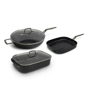 Blu. Cookware Kitchen Sidekick Set - 12.6" Non-Stick Wok, 11" Grill Pan, 15.5" Roaster with Lid - Eco-Conscious, PFAS-Free, Dishwasher Safe