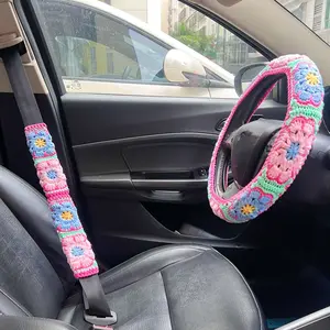 Cross-Border Car Interior Handmade Crocheted Cute Flower Car Interior Steering Wheel Cover Warm Non-Slip Seat Belt Cover