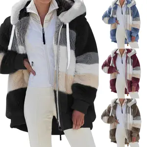 Women Contrast Color Hooded Coat, Long Sleeve Zip-up Plush Tops for Spring, Autumn