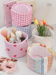 Cute Round Cosmetic Organizer Basket, Quilted Cherry Pattern Desk Bag, Floral & Grid Patterns, Makeup Brush Holder, Home Decor Accessory, Storage Basket