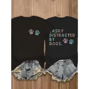 Easily Distracted By Dogs Graphic Tee Cute Paw Print Shirt Casual Oversized Short Sleeve Crewneck Soft Cotton Streetwear Gift For Dog Lovers