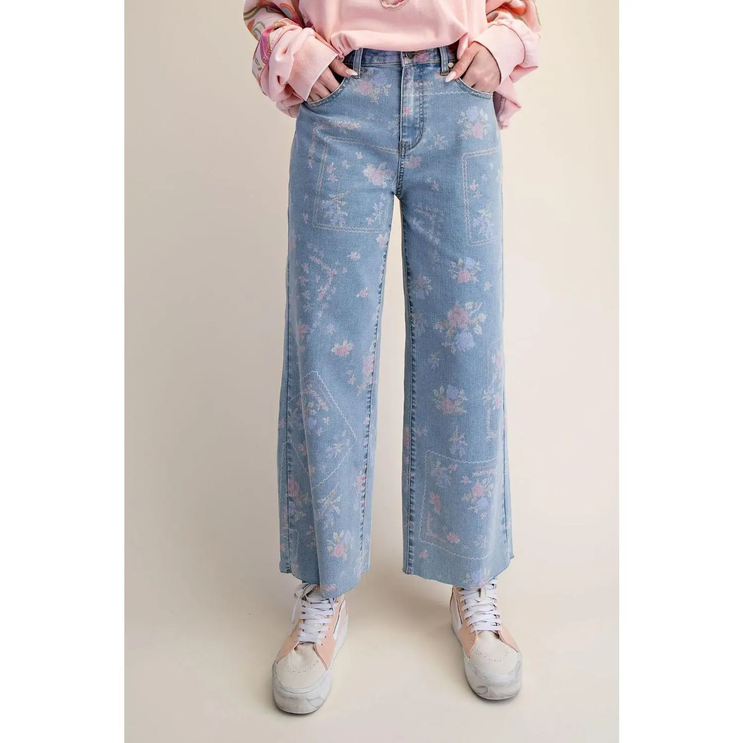 EASEL Denim Floral Cross Stitch Pants