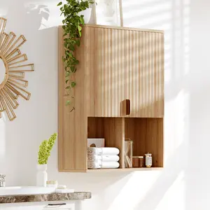 Fluted Wall Cabinet, 23"x29" Over Toilet Storage Cabinet with Adjustable Shelf, Modern Wooden Medicine Cabinet, Soft-Close Hinges, for Bathroom, Living Room, Natural