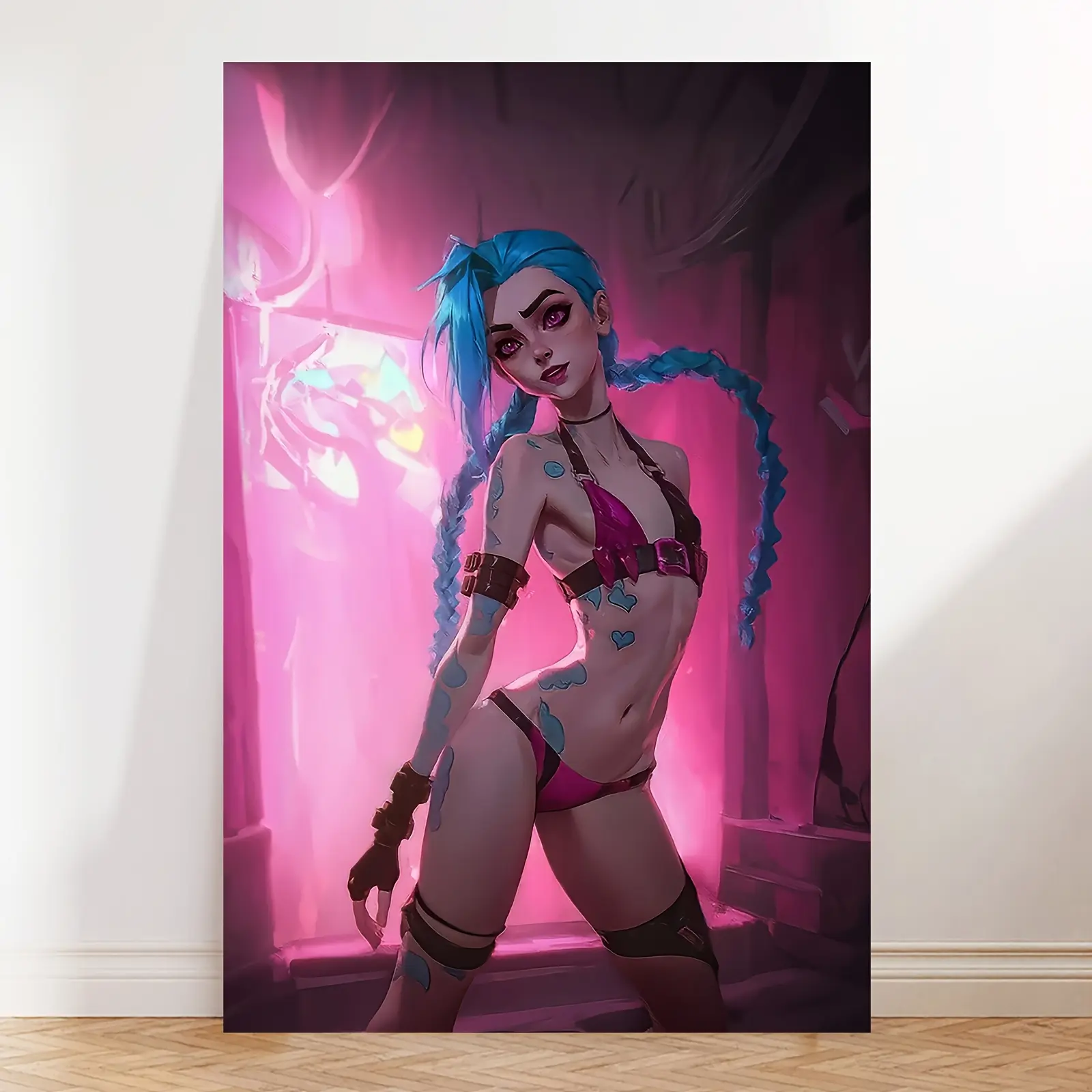 1pc  Anime Jinx Canvas Wall Art Poster - Neon Pink Anime Decor with Dynamic Pose, Modern Japanese Animation Print for Living Room, Bedroom, Gaming Room - Perfect Gift for Anime Fans - Easy Hanging Indoor Decoration, Bedroom Artwork Artistic