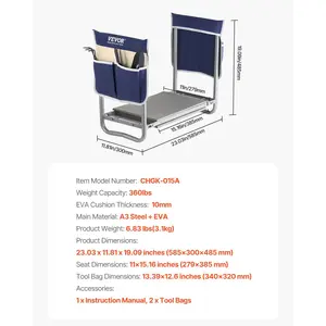 VEVOR Garden Kneeler and Seat, 11 in Wide Kneeling Pad, Heavy Duty Garden Kneeling Stool, Folding Garden Seat with 2 Tool Bags, Relieve Knee Back Pain, Non-Slip Garden Bench for Women Grandparents
