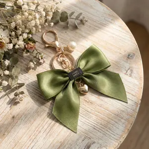 Elegant Satin Bow Bag Charm with Pearl & Heart Pendant – Cute Luxury Handbag Accessory Keychain for Tote, Backpack & Gift for Her