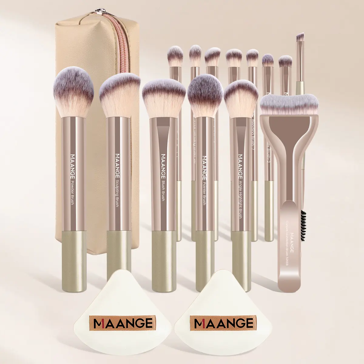 14 Pcs Brushes + 2 puffs +Storage Bag -LightGolden