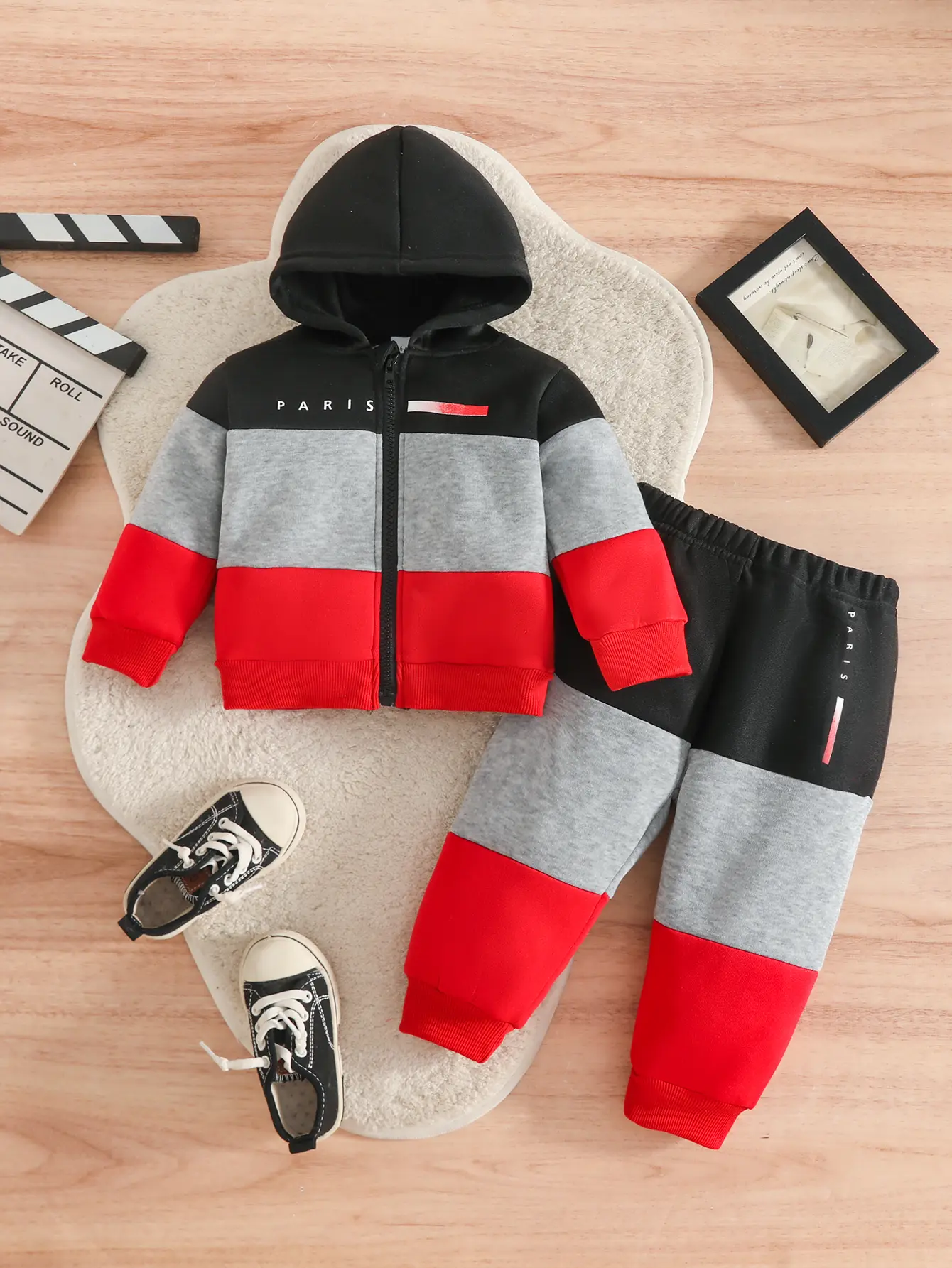 Kids Hooded Sweatshirt & Jogger Set Red Gray Black 2 Piece Casual Fall Outfit for Boys Girls