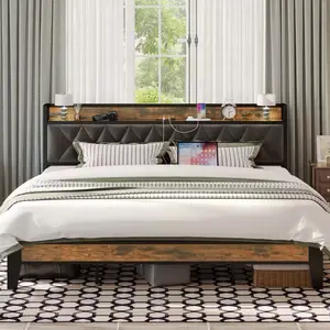 Twin/TwinXL/Full/Queen/King/CaliforniaKing Bed Frames, Storage Headboard with Outlets, No Noise, No Box Springs Needed