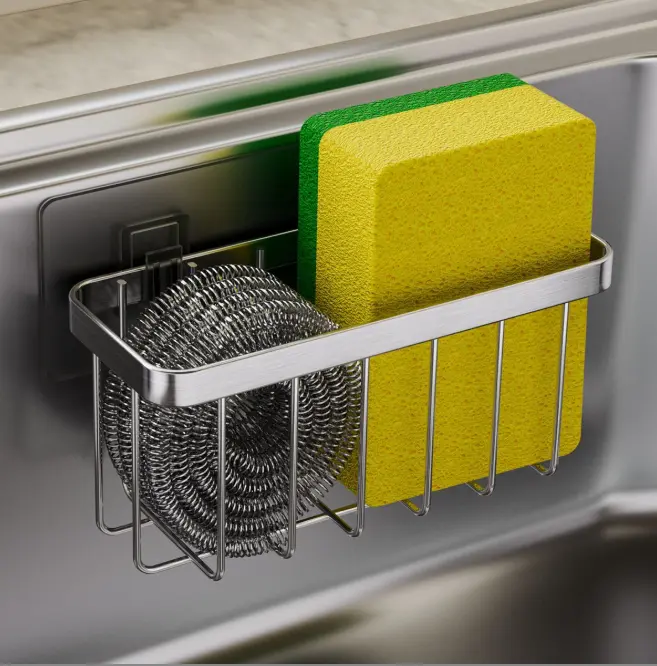 No Drill Adhesive Sink Caddy Dual Compartment Sponge & Steel Wool Storage Organizer