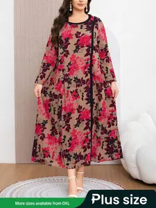 Plus Size Ethnic Style Floral Dress, Long Sleeve Mid-Length Slimming Commuter Dress, Comfortable Fabric for Daily Activities