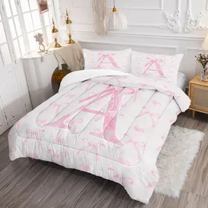 Fashion Sweet Girly Pink Bow and Letter Print Quilted Comforter Set, Includes Comforter and 1/2 Coreless Pillowcase, Comfortable and Soft, Fashionable and Warm Bedding Comforter Set Gift, Suitable for Kids Girls and Teen Bedroom Decoration, Bedding Sets