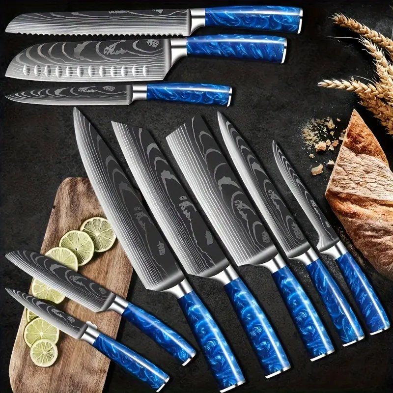 High quality stainless steel kitchen knife set - chef knife, multi-purpose meat cutting knife, bread knife, fruit, steak knife, carving and potato peeling knife! Sharp、durable blades, perfect for home, restaurant, outdoor, holiday gift giving, and camping