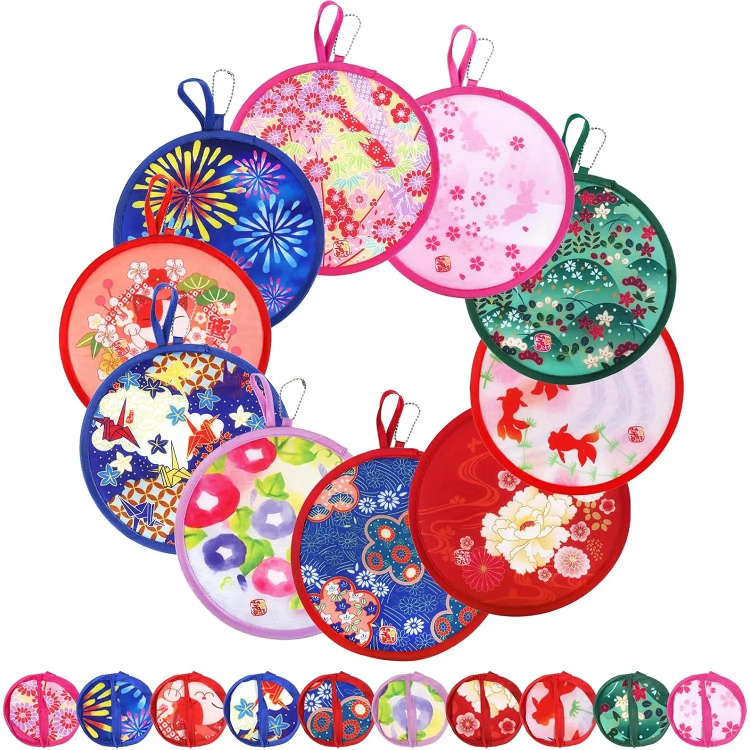 10-Piece Japanese Steel Hand Fan Set, Lightweight Foldable Portable Round Pocket Fans, Festive Decorations Supplies for Wedding Party Favors Flower Festival