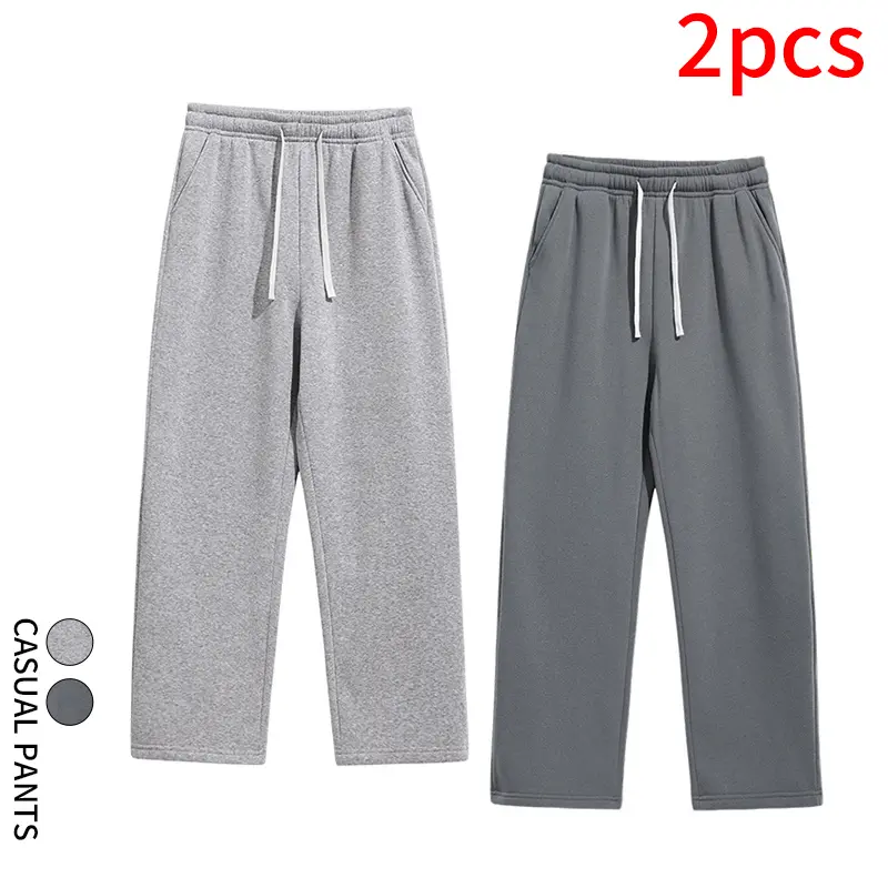 Unisex 2‑Set Straight Wide Leg Sweatpants Drawstring Elastic Waist Casual Pants for Youth Daily Campus Street Style