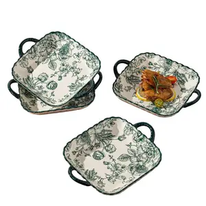 4 pieces of 9-inch double ear square discs, Salad Serving Plates, Ceramic dish, French style, green rose pattern, suitable for holding grilled chicken, spaghetti, steak, microwave safe, can be used in dishwasher