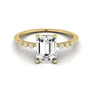 Bezel Accent Solitaire Emerald Cut Engagement Ring Setting in 14K Yellow Gold