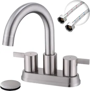 Two Handle 4 inch Brushed Nickel Bathroom Faucet, Bathroom Sink Faucet for 3 Holes with Pop-up Drain and 2  Hoses,