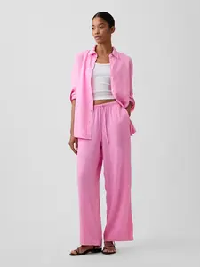 Women Relaxed Linen-Blend Wide-Leg Pants - Pink Flamingo