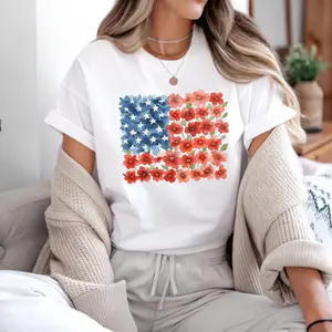 Floral American Flag Shirt, Patriotic Flower T-Shirt, 4th of July Floral Tee, Red Poppy Flag Shirt, Women's Independence Day Gift
