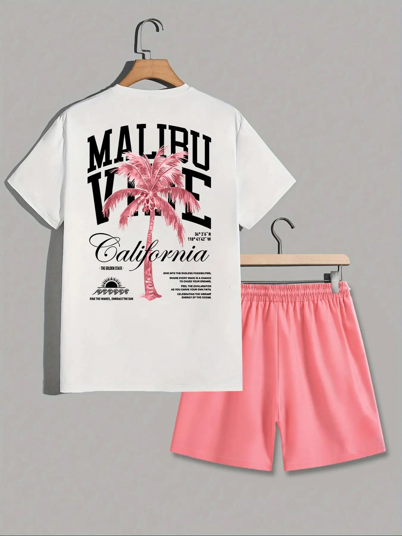 Summer Casual Breathable Men's Short Sleeve Round Neck T-Shirt Set, Outfits Set, Malibu California Tropical Palm Tree Theme, American West Coast Style, Perfect for Beach & Daily Wear