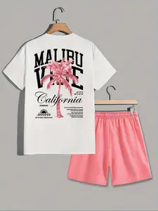 Summer Casual Men's Short Sleeve T-Shirt Set, Malibu California Tropical Palm Tree Theme, American West Coast Style, Perfect for Beach & Daily Wear