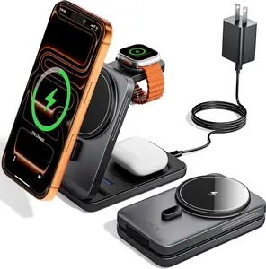 KPON Foldable 3in1 Charging Station for Magsafe, Travel Phone and Watch Charger for Apple, Wireless Charging Dock for Multiple Devices iPhone 17 16 15 14 13 12 Series/Apple Watch/Airpods