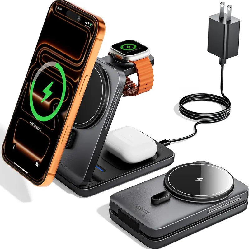 KPON Foldable 3-in-1 Magnetic Wireless Charging Stand - Portable Phone Charger with N52 Magnet Hold, Anti-Slip Base, Compatibility, Safety for iPhone 17/16/15/14/13/12 Series Smartphone, Smart Watch, Wireless Earbuds, On-the-Go Use