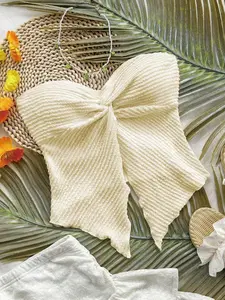 Women Strapless Tube Top Cream Twisted Knot Front Bandana Handkerchief Asymmetrical Hem Crinkle Ribbed Crop Top Sexy Coquette Cottage Women's Strapless Top Cream Apricot Twist Knot Design, Sexy Summer Beachwear, Elegant Slim-Fit Tank Top, Trendy Y2K Style