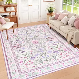 Floral Area Rug - Machine Washable Low Pile Non-Slip Carpet, Boho Vintage Farmhouse Decor for Living Room, Bedroom, Nursery & Office