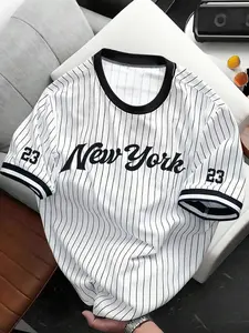 Men's Summer Striped New York Baseball T-Shirt, Athletic Tee, American Vintage Street Style Round Neck Short Sleeve, Casual Sports Wear, Slim Fit