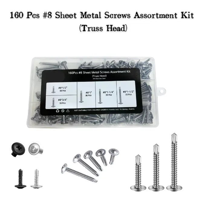 160-Piece Premium Self-Tapping Screw Kit – High-Quality #8 Truss Head Screws in 410 Stainless Steel, Sizes 1/2" to 1-1/2" for Metal & Wood