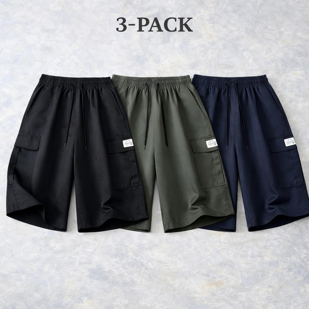 5-pack men’s cargo shorts for summer—loose fit with elastic waistband and drawstring, large side pockets and patch details, windproof breathable fabric, made from wear-resistant material; ideal for casual summer outdoor wear and a wardrobe essential for s