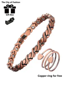 Women's 99.99% Pure Copper Magnetic Bracelet and Ring Set, Adjustable Cuff Bangle, Elegant Jewelry Gift for Valentine's Day and Mother's Day