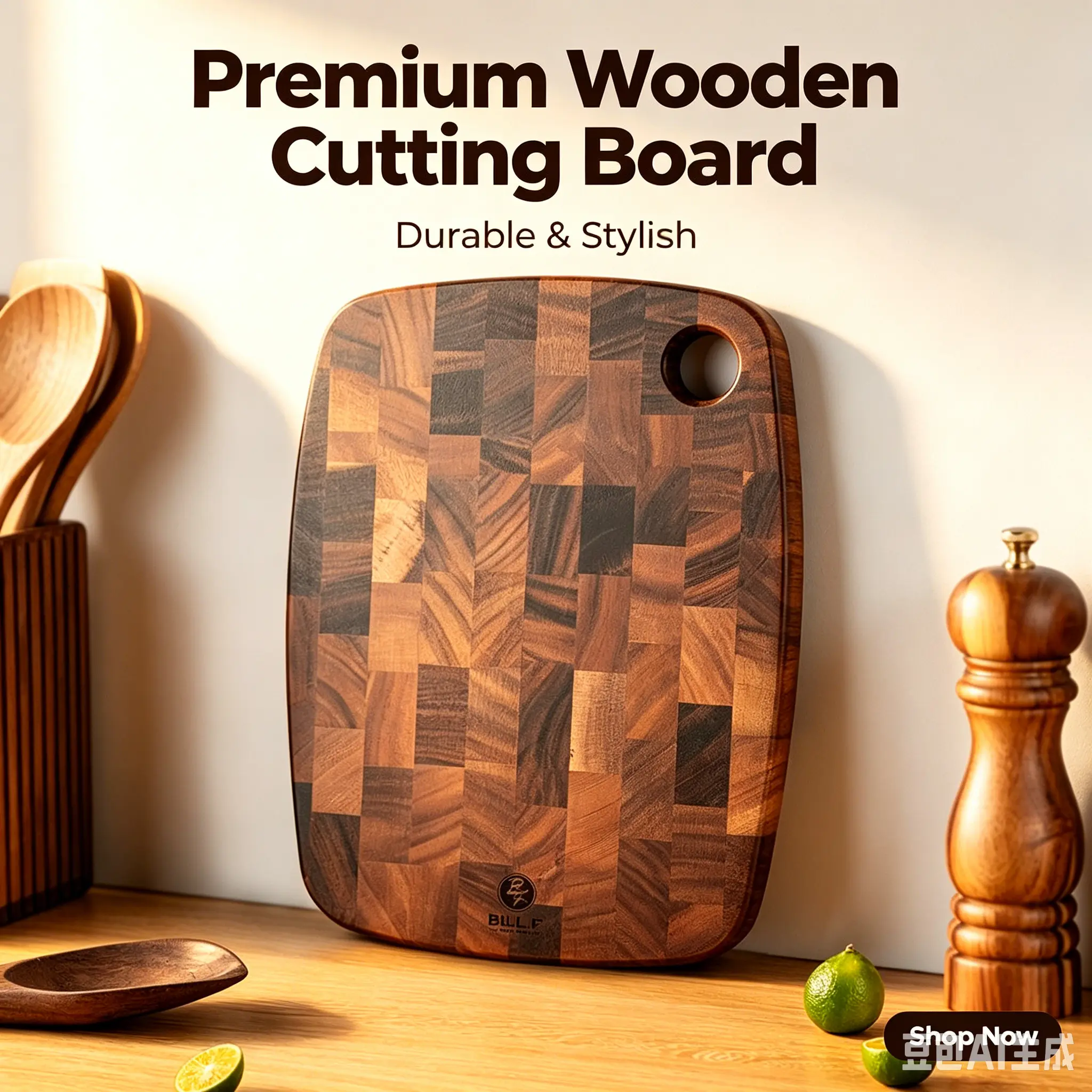 Bill.F Thick Rustic Acacia Wooden End-Grain Cutting Board, 13"x9" Stylish Butcher Block with Hanging Hole, Oil-Friendly Scratch-Free Board for Kitchen Prep & Charcuterie Chopping Knives