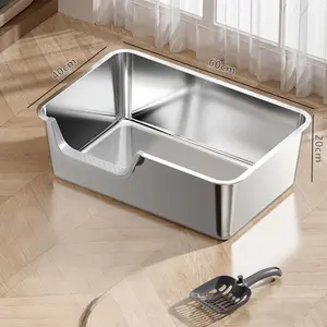 Extra Large Stainless Steel Cat Litter Box 60x40x20cm Top Entry Side Open Anti-Splash Super Size for Cats Durable Easy Clean