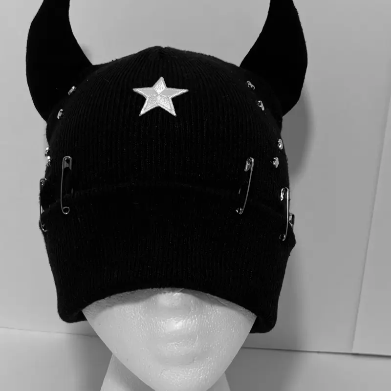 Star Gothic Devil Horn Beanie - Black, Star Design, Unique Horn Shape, Black Color, Unique Style