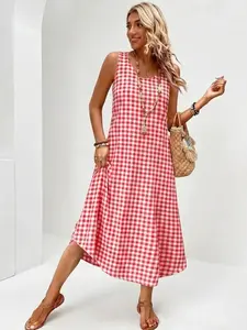 IDEALSANXUN Women's Gingham Cotton Mid-Length Halter-Style Dress - Sleeveless Tie Backless Sundress, 1-Piece Casual Wear for Spring Summer Beach, Daily Casual Dresses