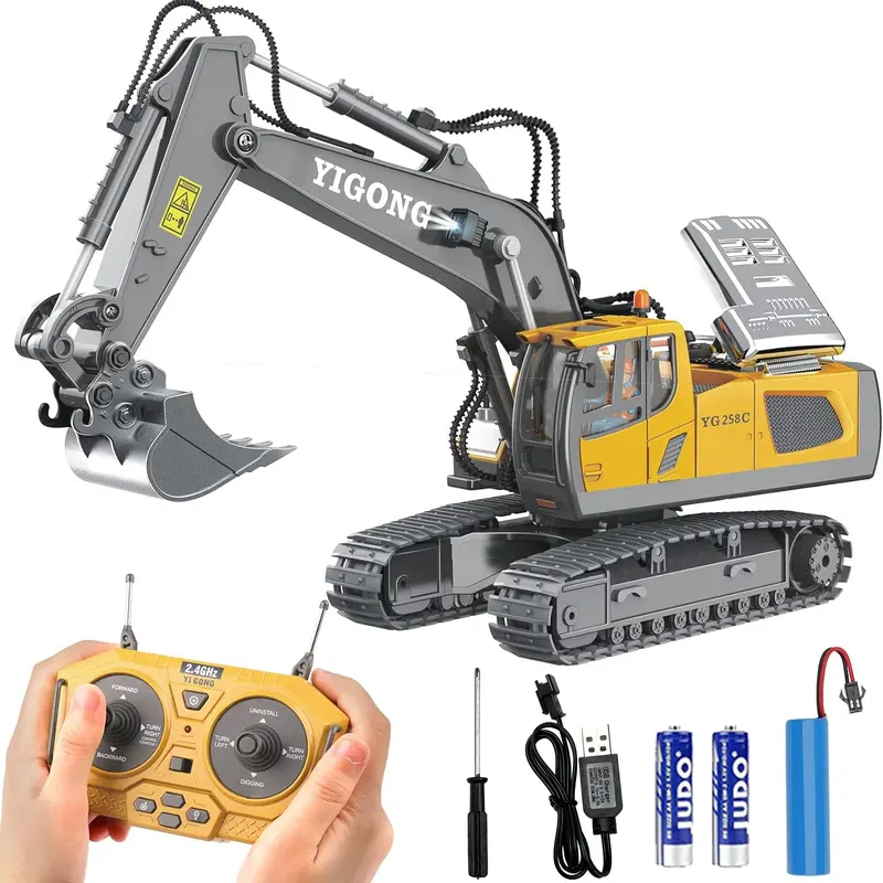 2.4Ghz RC Excavator Toy - Unisex Electric Remote Controlled Construction Vehicle with Hydraulic Arms, Shovel, Digging Lights, Hydraulic Hauling Function, Includes Cells, Cool Gifts for Kids Ages 3+